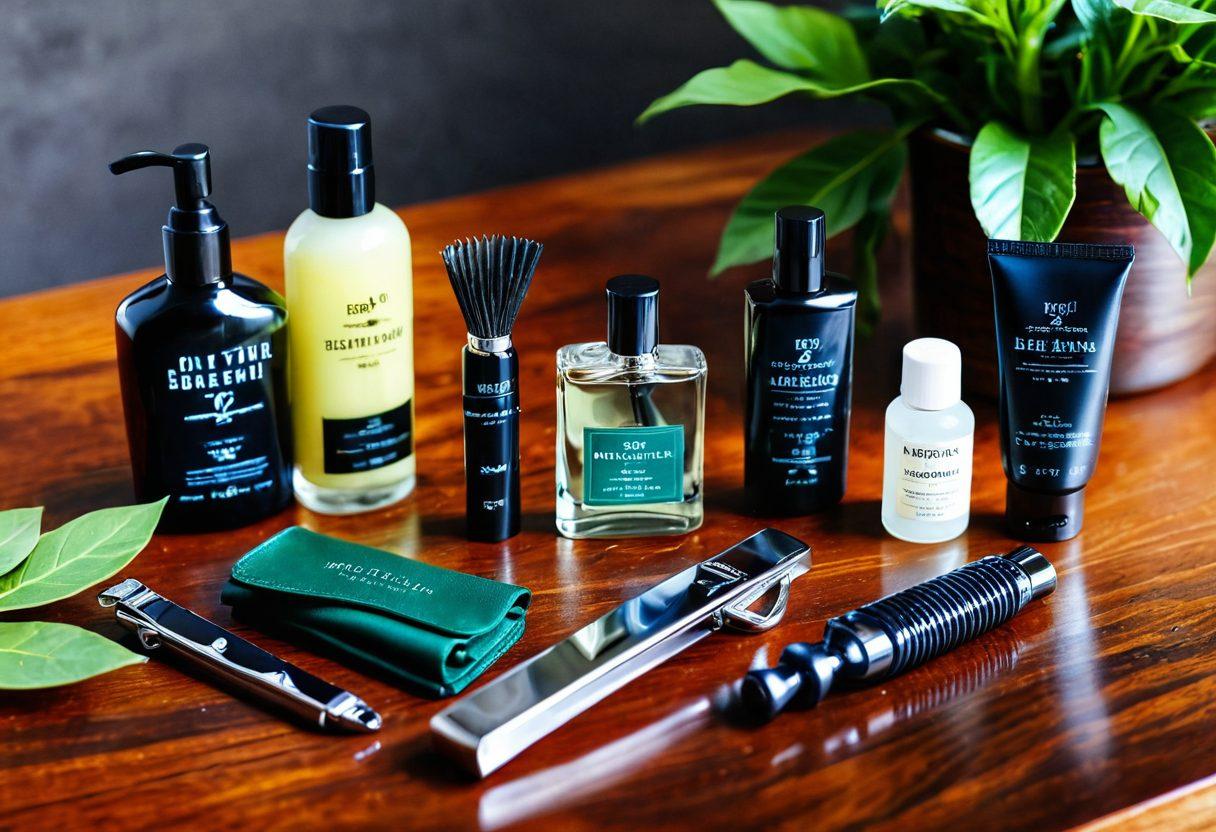 A stylish grooming kit laid out on a polished wooden table, featuring sleek grooming tools like a razor, comb, and cologne bottle, accented with a lush green plant in the background. Include a men's watch and a pair of cufflinks to symbolize sophistication. The setting should exude elegance and modernity, appealing to today's gentleman. super-realistic. vibrant colors. soft lighting.