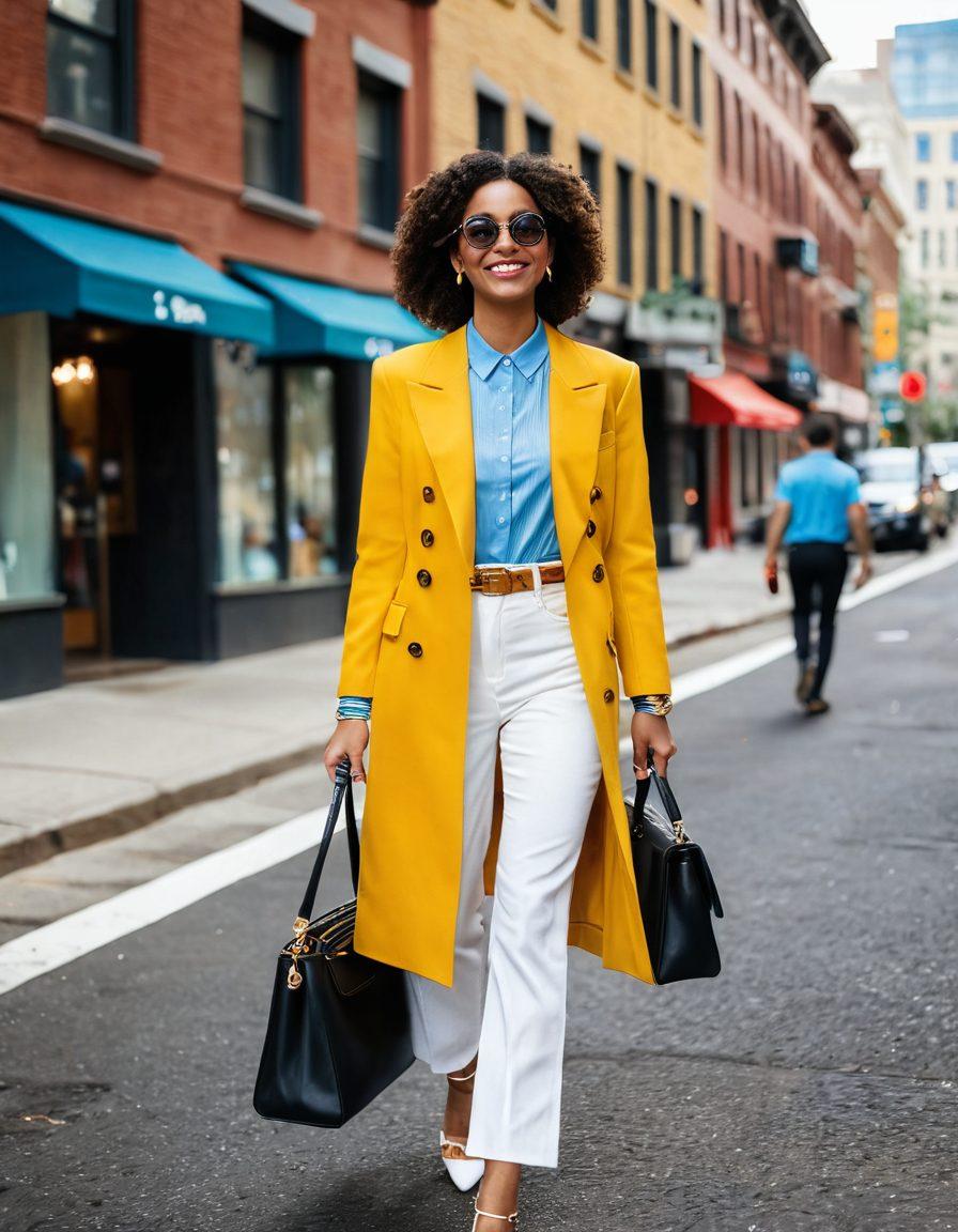 A fashionable individual confidently walking down a city street, wearing a stylish outfit that blends modern trends with classic elements. The scene includes detailed grooming accessories like a watch, sunglasses, and a stylish bag, capturing the essence of social confidence. The background features urban architecture and supportive friends smiling in admiration. vibrant colors. super-realistic.